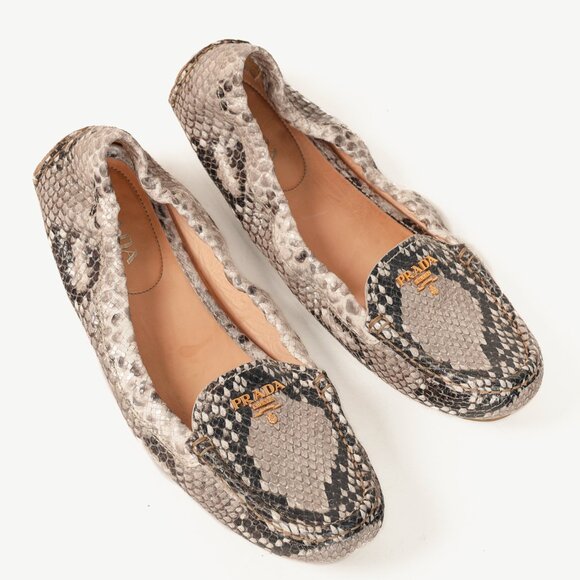 Prada Taupe Grey Reptile Embossed Driving-Style Leather Loafer - Picture 1 of 12